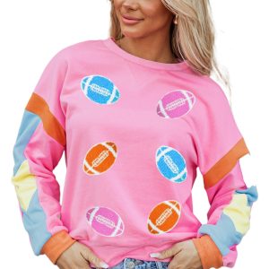 Women's Pink Rugby Football Patchwork Color Block Game Day T-Shirt - Main View