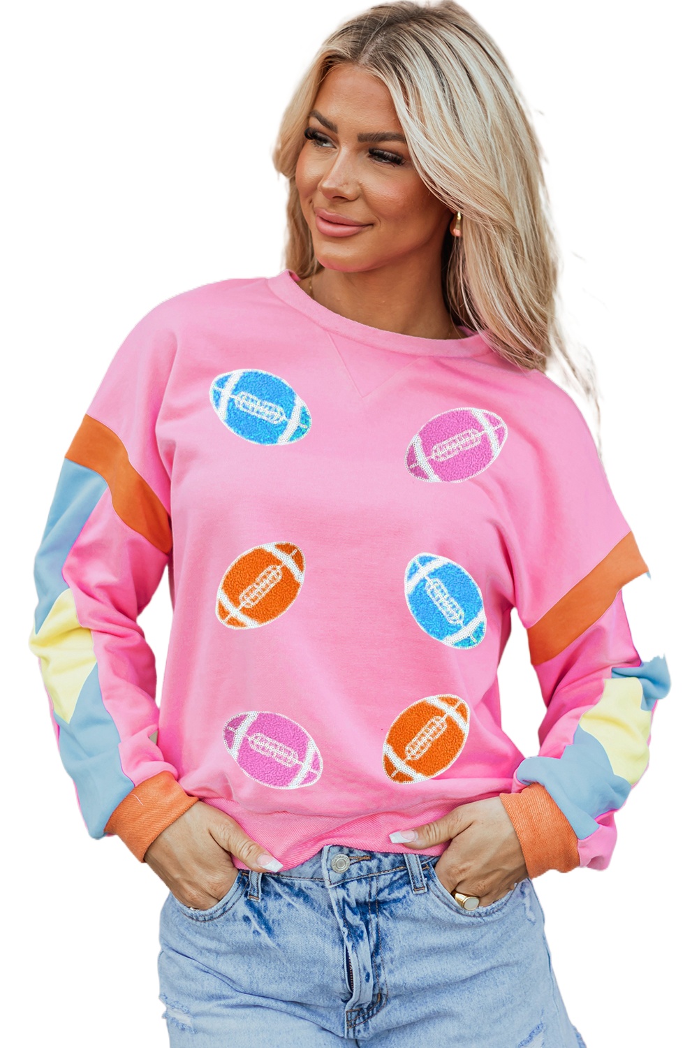 Women's Pink Rugby Football Patchwork Color Block Game Day T-Shirt - Main View Women's Pink Rugby Football Patchwork Color Block Game Day T-Shirt - Main View