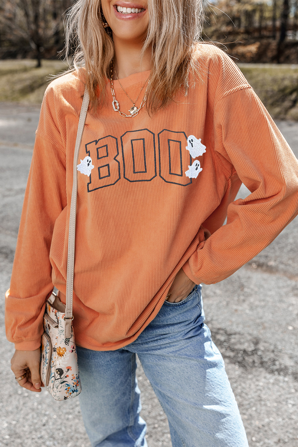 Soft Corded Material Orange Sweatshirt - Perfect for Halloween Celebrations - Detail View 7 Soft Corded Material Orange Sweatshirt - Perfect for Halloween Celebrations - Detail View 7