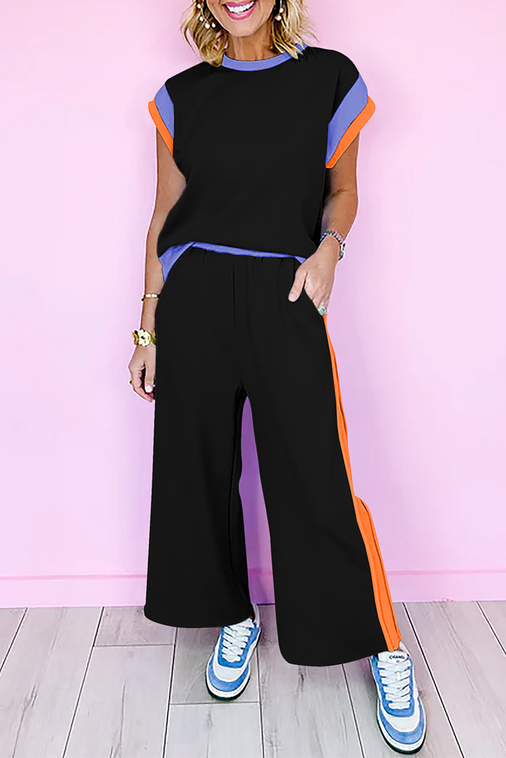 Trendy Colorblock Detail Set: Cap Sleeve Tee and Wide Leg Pants - Detail View 2 Trendy Colorblock Detail Set: Cap Sleeve Tee and Wide Leg Pants - Detail View 2