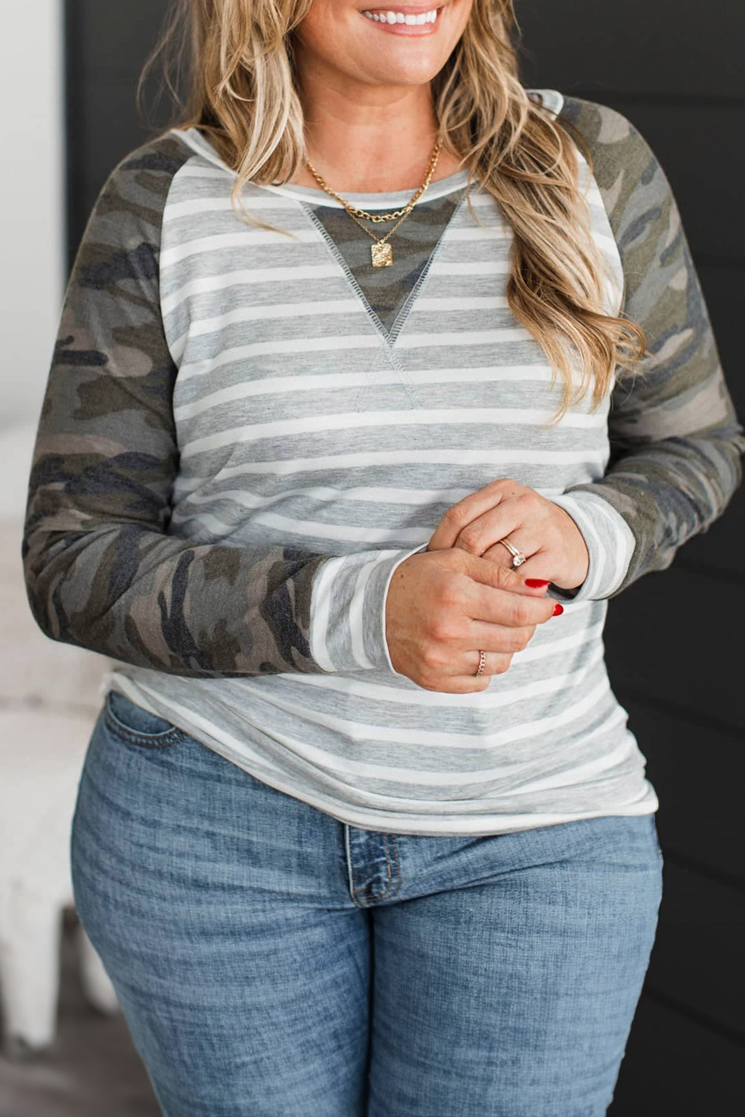 Comfortable Long Sleeve Top, Mixed Pattern Casual Blouse - Detail View 3 Comfortable Long Sleeve Top, Mixed Pattern Casual Blouse - Detail View 3