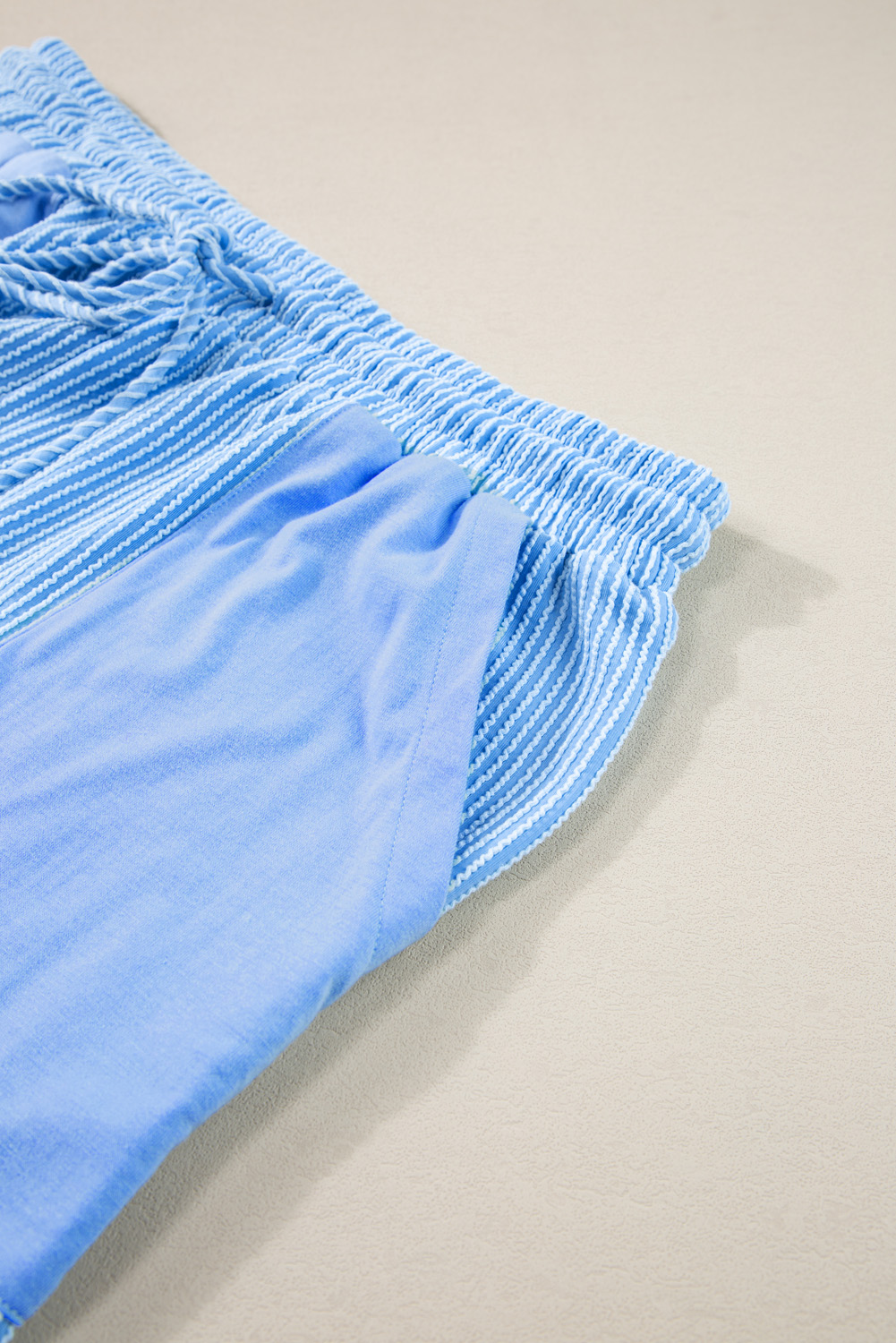 Plus Size Light Blue Ribbed Long Sleeve Top and Drawstring Shorts Set - Detail View 11 Plus Size Light Blue Ribbed Long Sleeve Top and Drawstring Shorts Set - Detail View 11