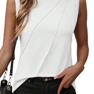 Women's White Pleated Sleeveless Crew Neck Tank Top - Main View