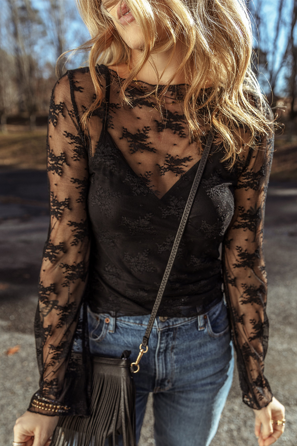 Women's Black Lace Mesh Crochet Splicing Slim Fit Long Sleeve Blouse - Detail View 6 Women's Black Lace Mesh Crochet Splicing Slim Fit Long Sleeve Blouse - Detail View 6