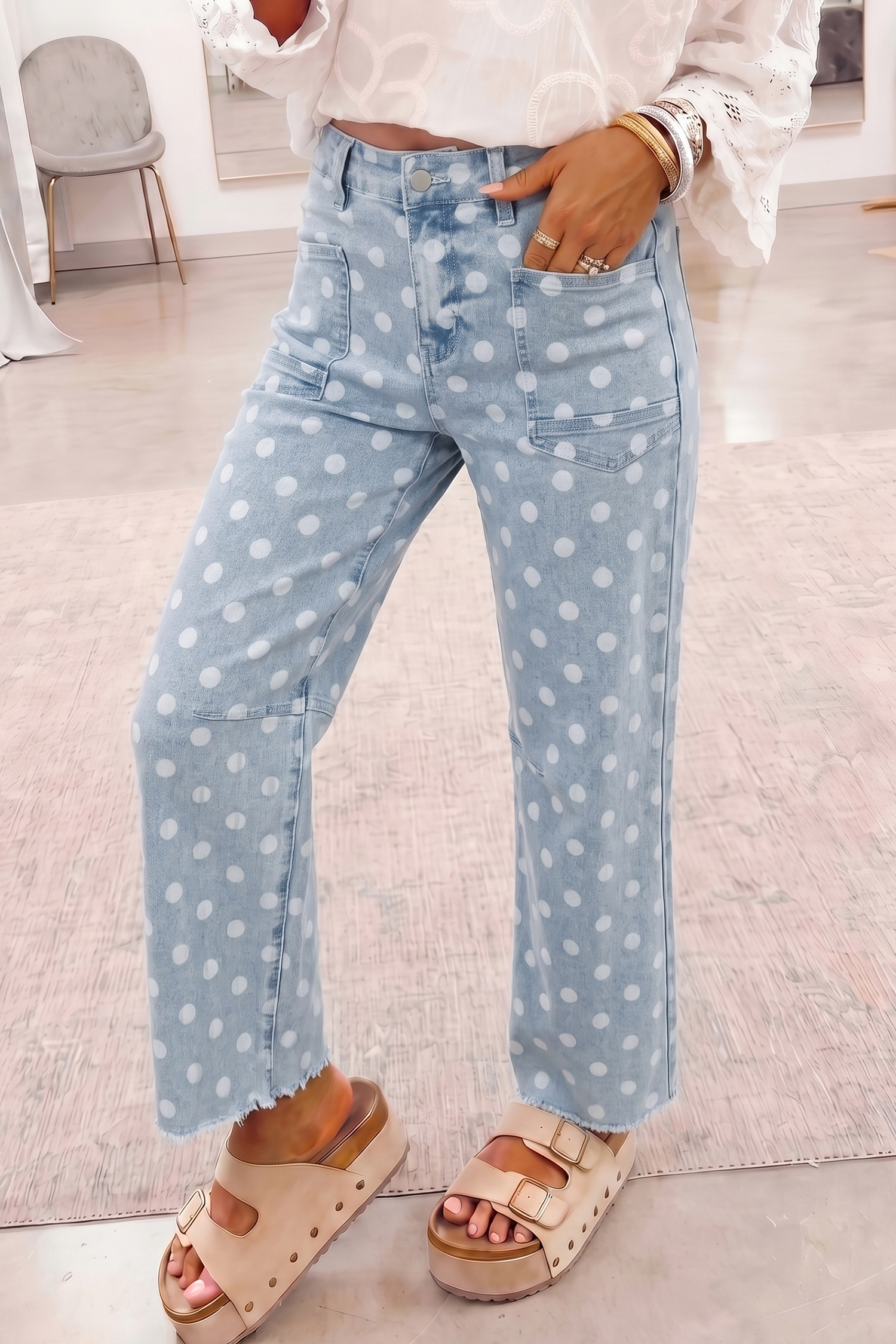 Polka Dot High Waisted Denim Jeans, Trendy Sky Blue Casual - Detail View 5 Polka Dot High Waisted Denim Jeans, Trendy Sky Blue Casual - Detail View 5