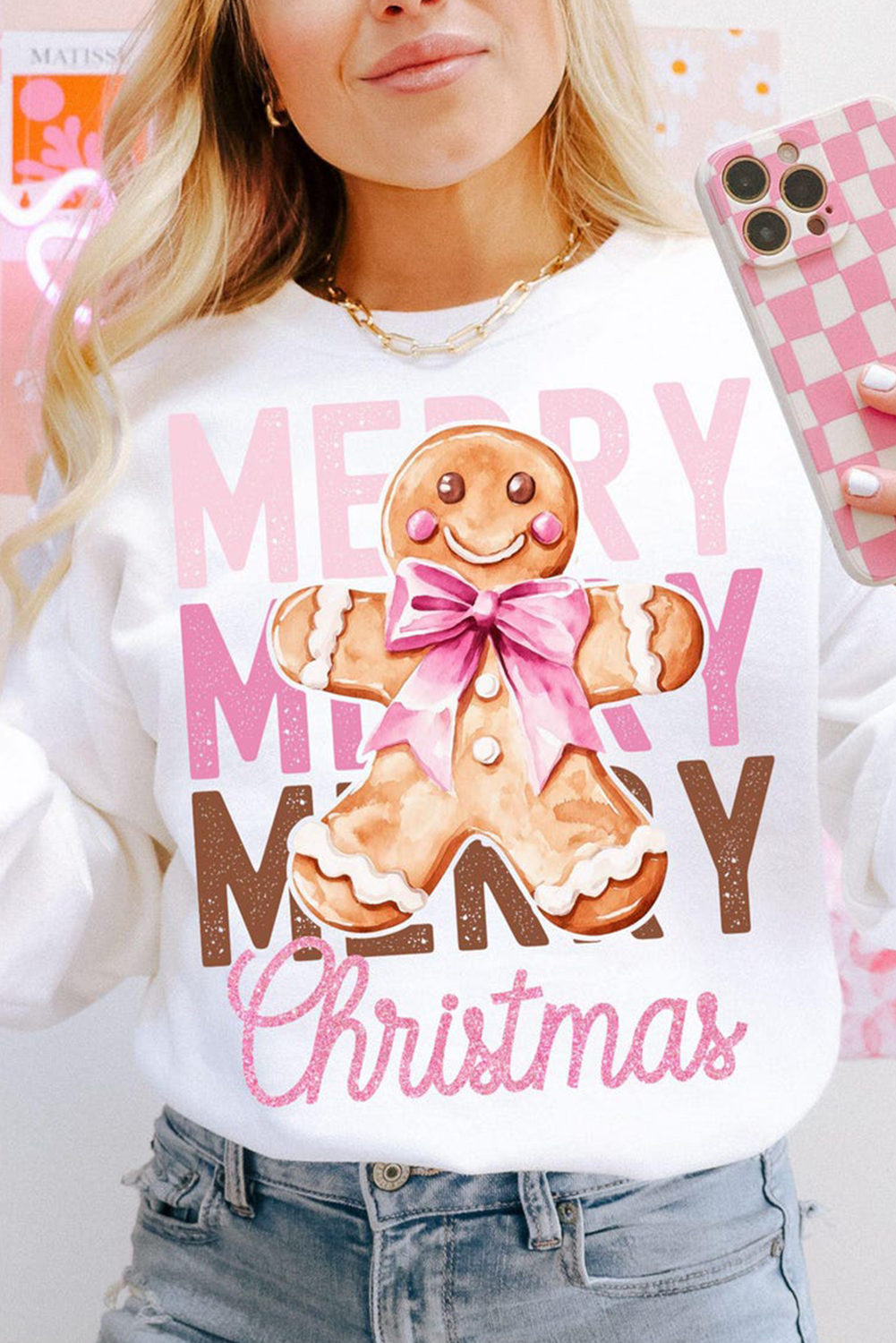 Festive Holiday Sweatshirt with Cheerful Gingerbread Man Graphic - Casual Wear - Detail View 2 Festive Holiday Sweatshirt with Cheerful Gingerbread Man Graphic - Casual Wear - Detail View 2