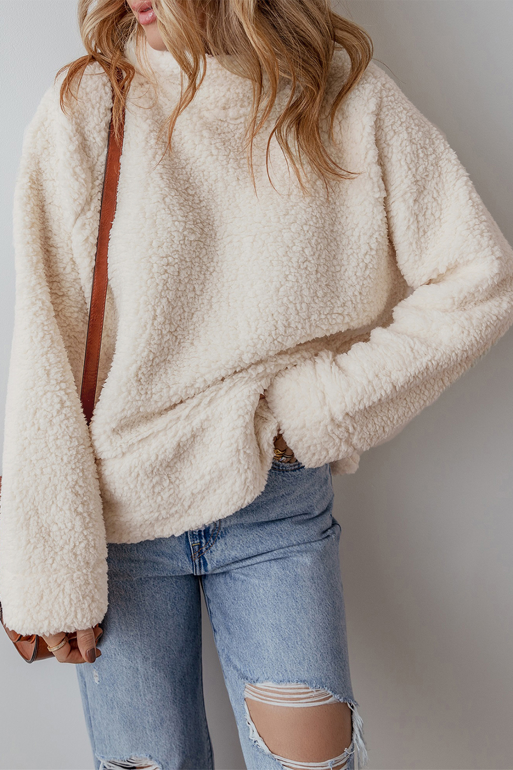 Cozy and Chic White Fleece High Neck Sweatshirt with Drop Shoulder Design - Detail View 6 Cozy and Chic White Fleece High Neck Sweatshirt with Drop Shoulder Design - Detail View 6