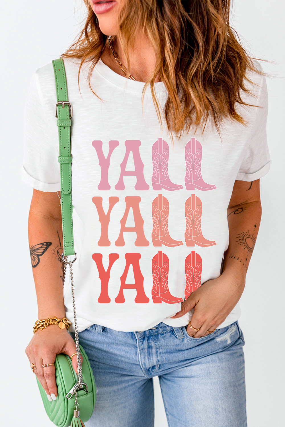 Women's T-Shirt, White, Graphic Tee, Crewneck, Western Style, Casual, Summer Wear, Daily Wear, Playful Graphic, Y'ALL Cowboy Boots, Fun Statement, Comfortable, Versatile, Tops, Graphic Tees - Detail View 10 Women's T-Shirt, White, Graphic Tee, Crewneck, Western Style, Casual, Summer Wear, Daily Wear, Playful Graphic, Y'ALL Cowboy Boots, Fun Statement, Comfortable, Versatile, Tops, Graphic Tees - Detail View 10