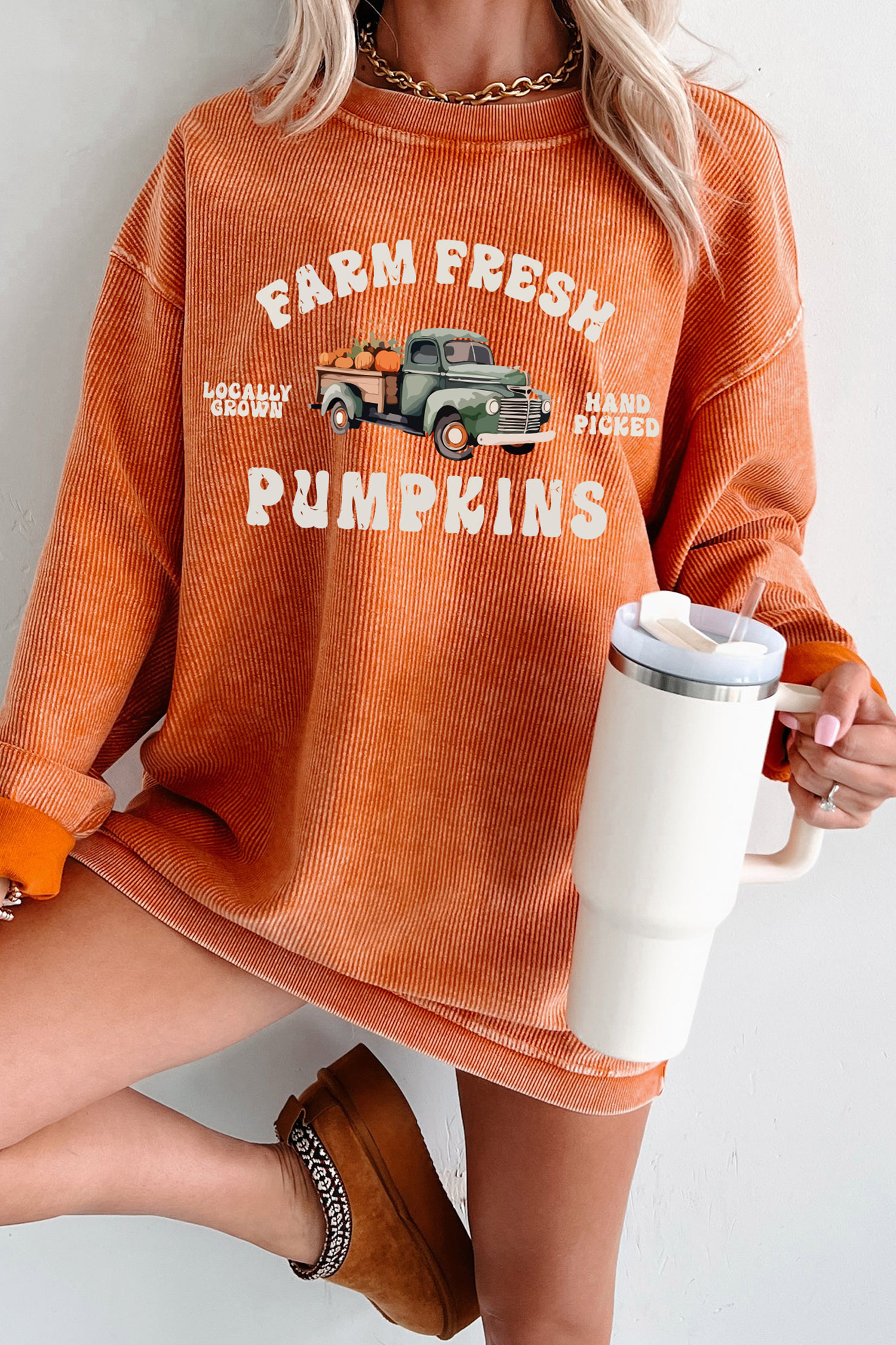 Women's Farm Fresh Pumpkin Sweatshirt, Ribbed Fall Pullover - Detail View 7 Women's Farm Fresh Pumpkin Sweatshirt, Ribbed Fall Pullover - Detail View 7