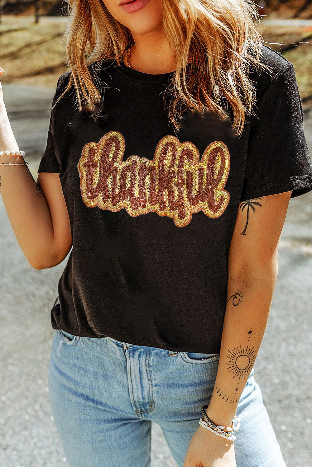 Thankful Graphic Tee: Black Sequined Round Neck for Holiday Season - Detail View 2 Thankful Graphic Tee: Black Sequined Round Neck for Holiday Season - Detail View 2