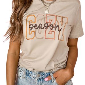 Women's Khaki Graphic Tee, Casual Embroidered Slogan Top - Main View