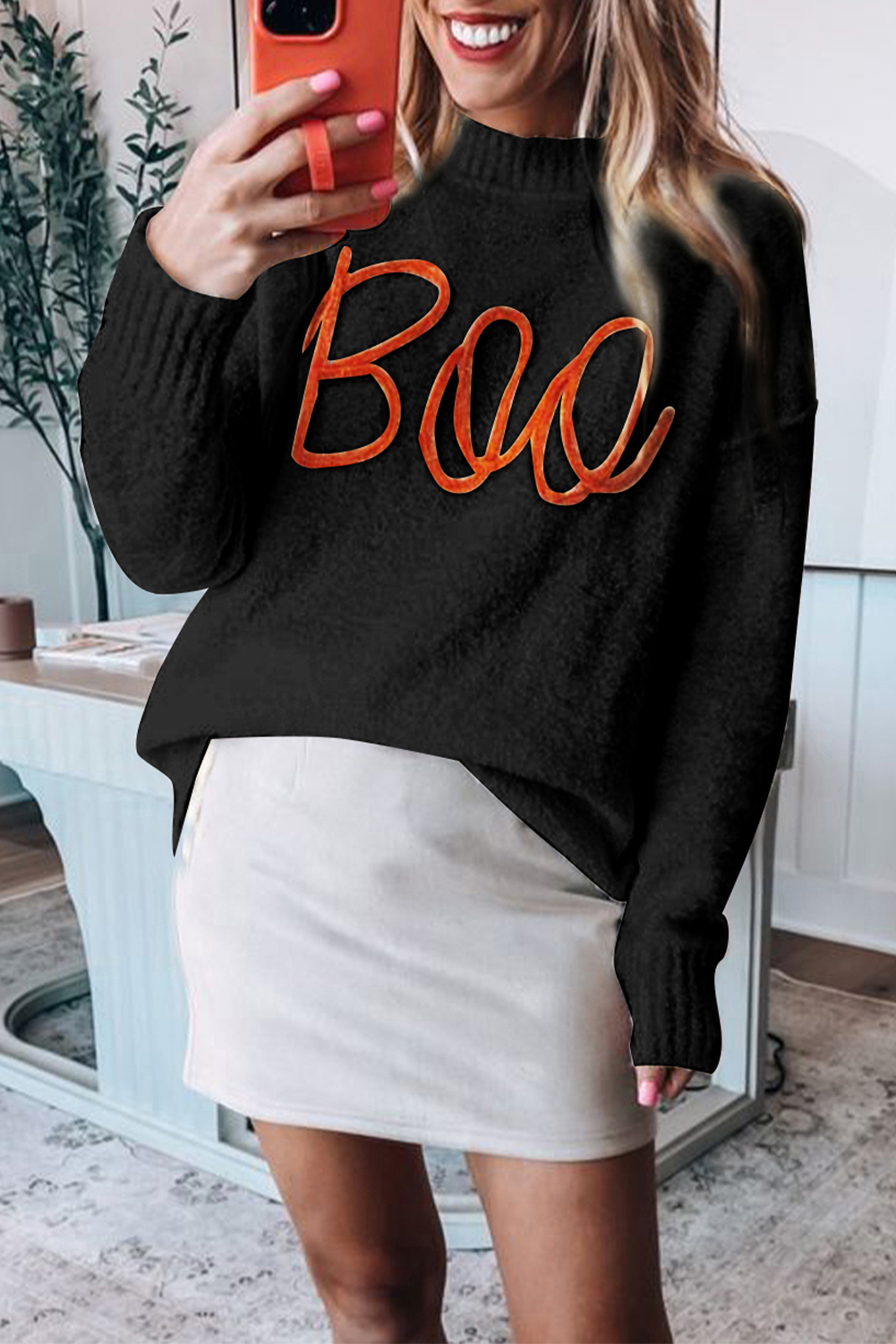 Women's Black Boo Knitted Long Sleeve Sweater with Ribbed Edge - Detail View 6 Women's Black Boo Knitted Long Sleeve Sweater with Ribbed Edge - Detail View 6