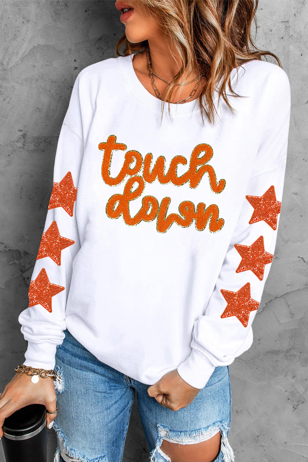 Casual Glittering Star Sleeve Sweatshirt - Beige Patched Pattern for Game Day or Everyday Wear - Detail View 2 Casual Glittering Star Sleeve Sweatshirt - Beige Patched Pattern for Game Day or Everyday Wear - Detail View 2