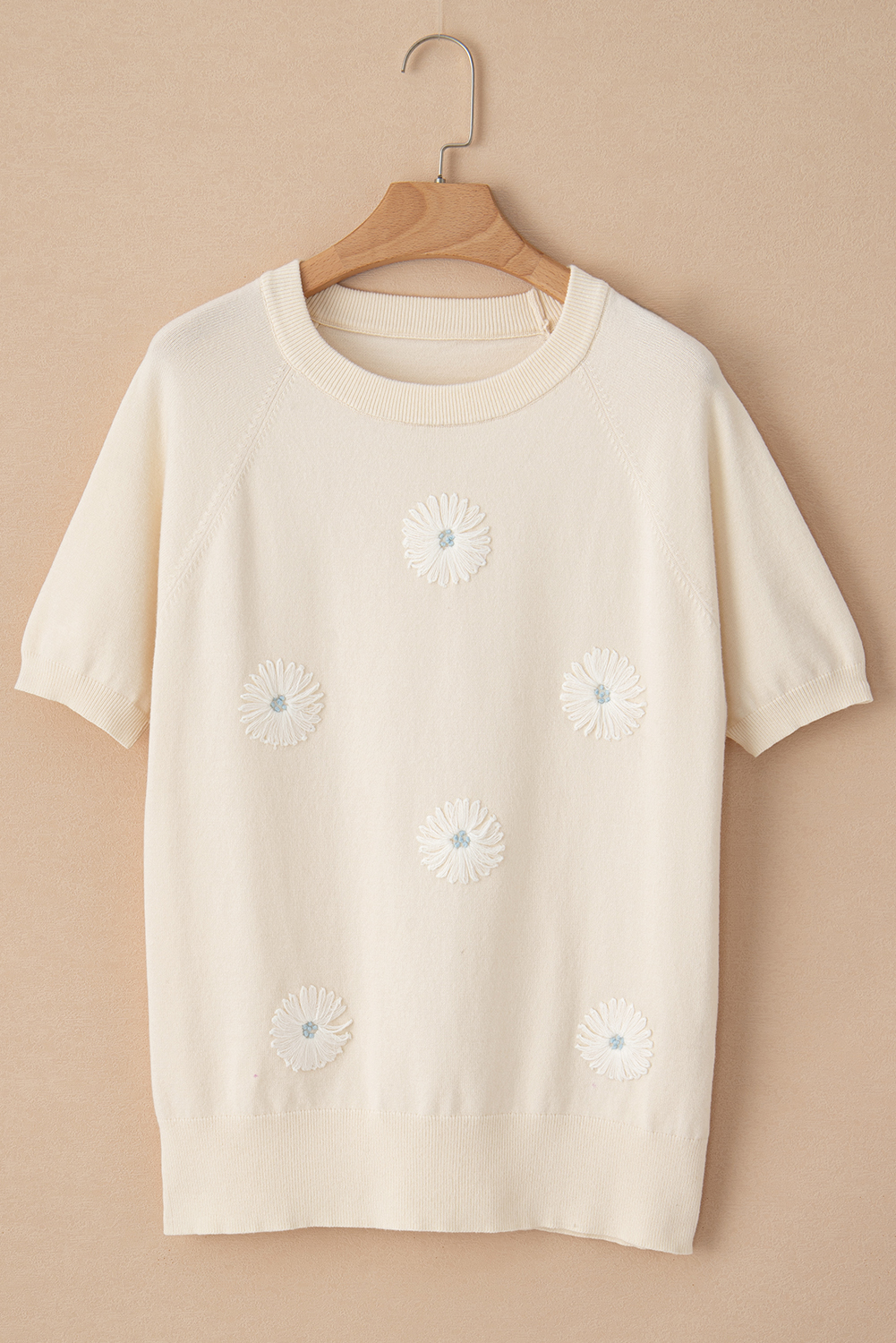 Women's Summer Knit Blouse, Casual Floral Embroidered Tee - Detail View 6 Women's Summer Knit Blouse, Casual Floral Embroidered Tee - Detail View 6