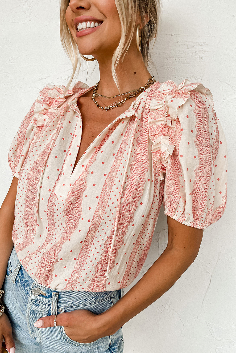 Women's Frilled Puff Sleeve Blouse, Casual V Neck Print Top - Detail View 13 Women's Frilled Puff Sleeve Blouse, Casual V Neck Print Top - Detail View 13