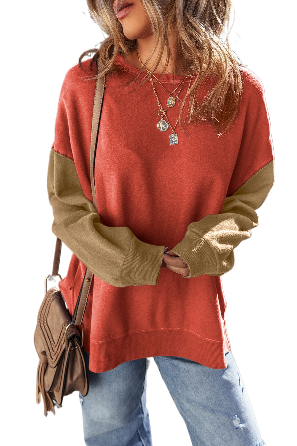 Women's Gold Flame Two Tone Patchwork Drop Shoulder Pullover Sweatshirt - Main View Women's Gold Flame Two Tone Patchwork Drop Shoulder Pullover Sweatshirt - Main View