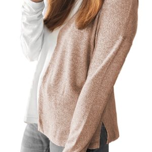 Women's Khaki Colorblock Long Sleeve Crew Neck Top - Casual and Stylish - Main View