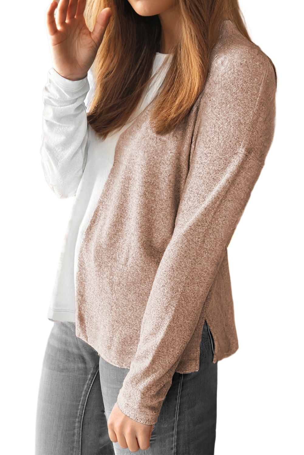 Women's Khaki Colorblock Long Sleeve Crew Neck Top - Casual and Stylish - Main View Women's Khaki Colorblock Long Sleeve Crew Neck Top - Casual and Stylish - Main View
