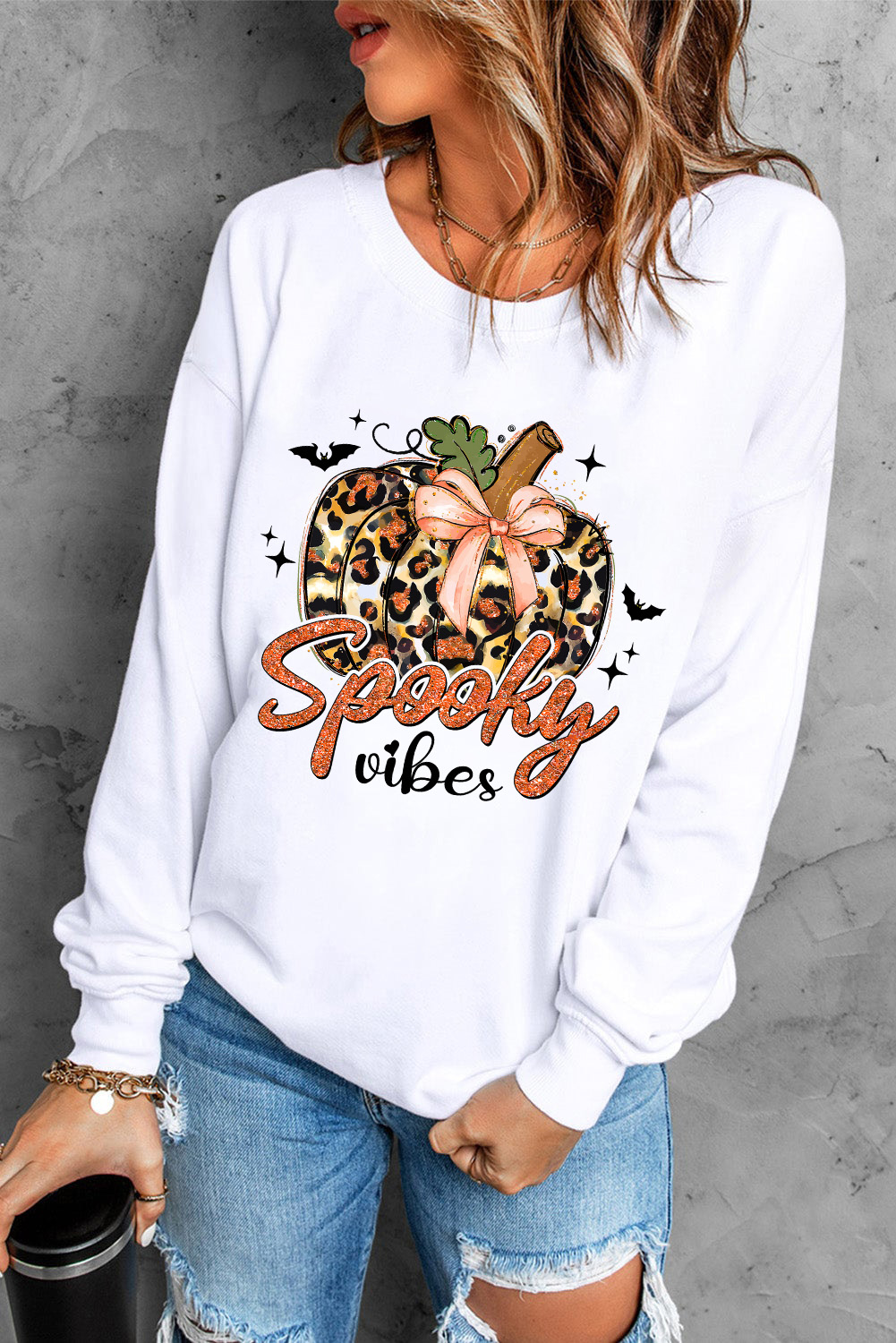 Halloween Graphic Sweatshirt: Beige with Unique Leopard Pumpkin Print - Detail View 2 Halloween Graphic Sweatshirt: Beige with Unique Leopard Pumpkin Print - Detail View 2