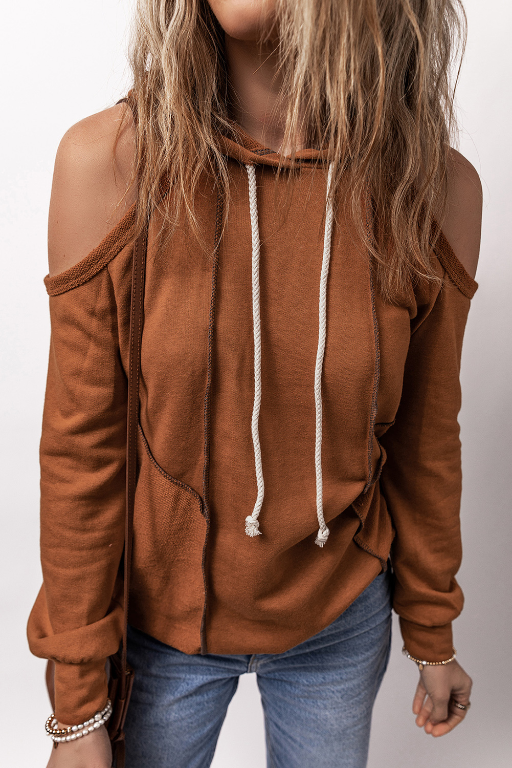 Women's Cinnamon Exposed Seam Cold Shoulder Drawstring Hoodie - Detail View 6 Women's Cinnamon Exposed Seam Cold Shoulder Drawstring Hoodie - Detail View 6