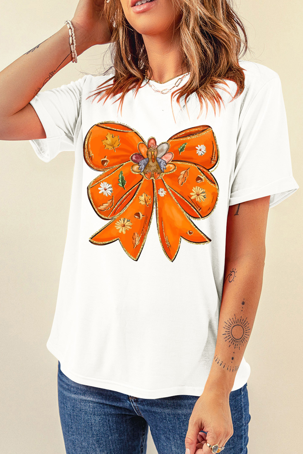 Women's T-Shirt, White Graphic Tee, Fall Vibes, Bowknot Graphic, Crew Neck, Casual Style, Short Sleeve, Comfortable, Breathable Fabric, Daily Wear, Versatile Styling, Thanksgiving Outfit, Graphic Tees - Detail View 4 Women's T-Shirt, White Graphic Tee, Fall Vibes, Bowknot Graphic, Crew Neck, Casual Style, Short Sleeve, Comfortable, Breathable Fabric, Daily Wear, Versatile Styling, Thanksgiving Outfit, Graphic Tees - Detail View 4