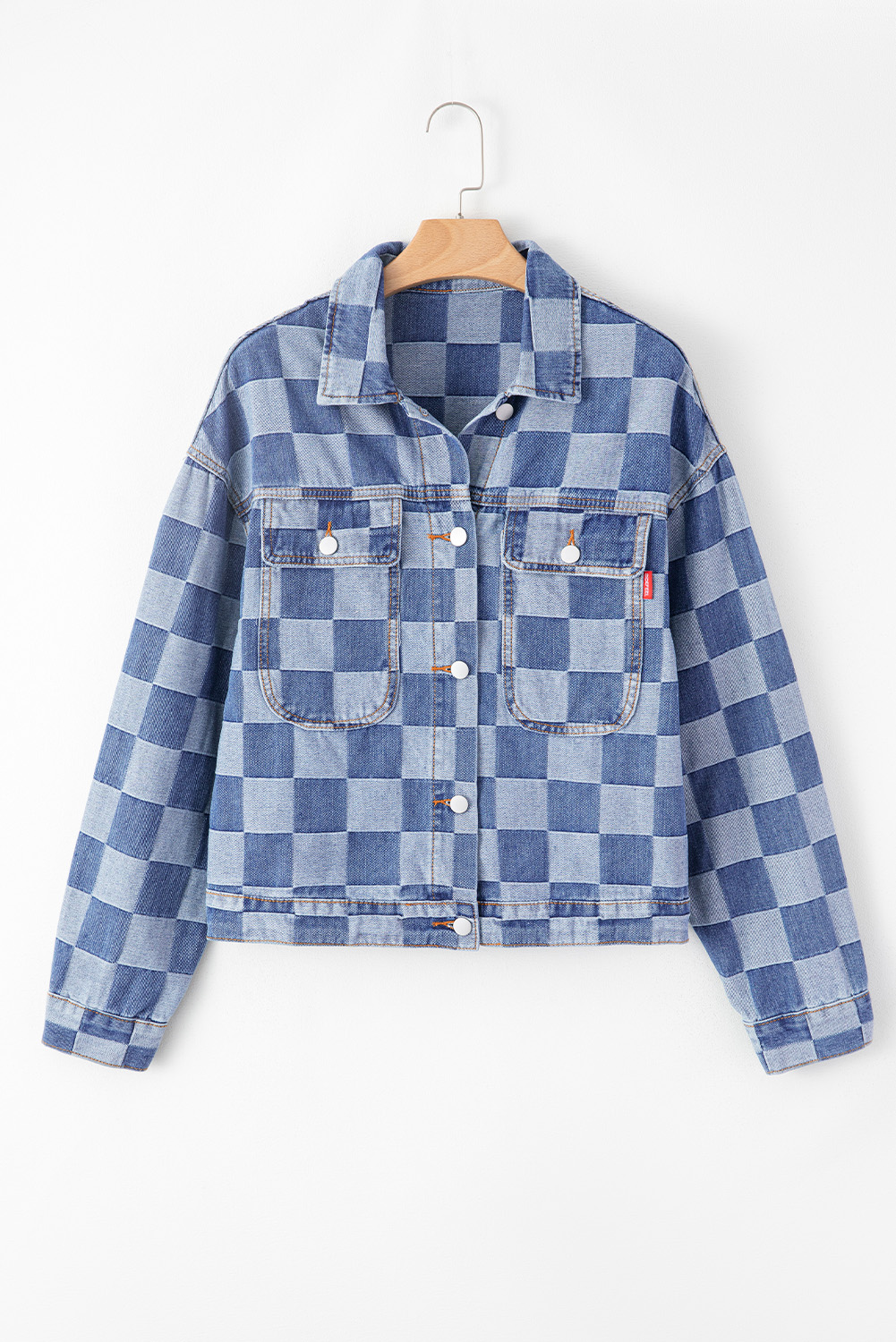 Women's Light Blue Checkered Patchwork Button-Up Denim Jacket - Detail View 6 Women's Light Blue Checkered Patchwork Button-Up Denim Jacket - Detail View 6