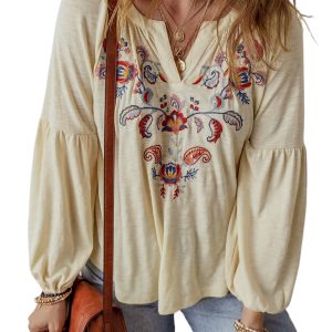 Women's Apricot Paisley Floral Embroidered Notch V Neck Blouse - Main View