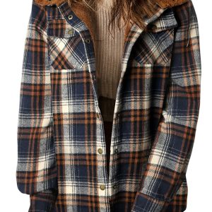 Women's Plaid Sherpa Shacket, Hooded Button Down Jacket - Main View