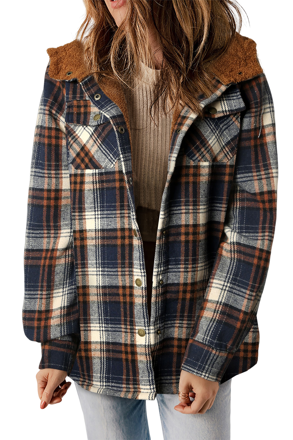 Women's Plaid Sherpa Shacket, Hooded Button Down Jacket - Main View Women's Plaid Sherpa Shacket, Hooded Button Down Jacket - Main View