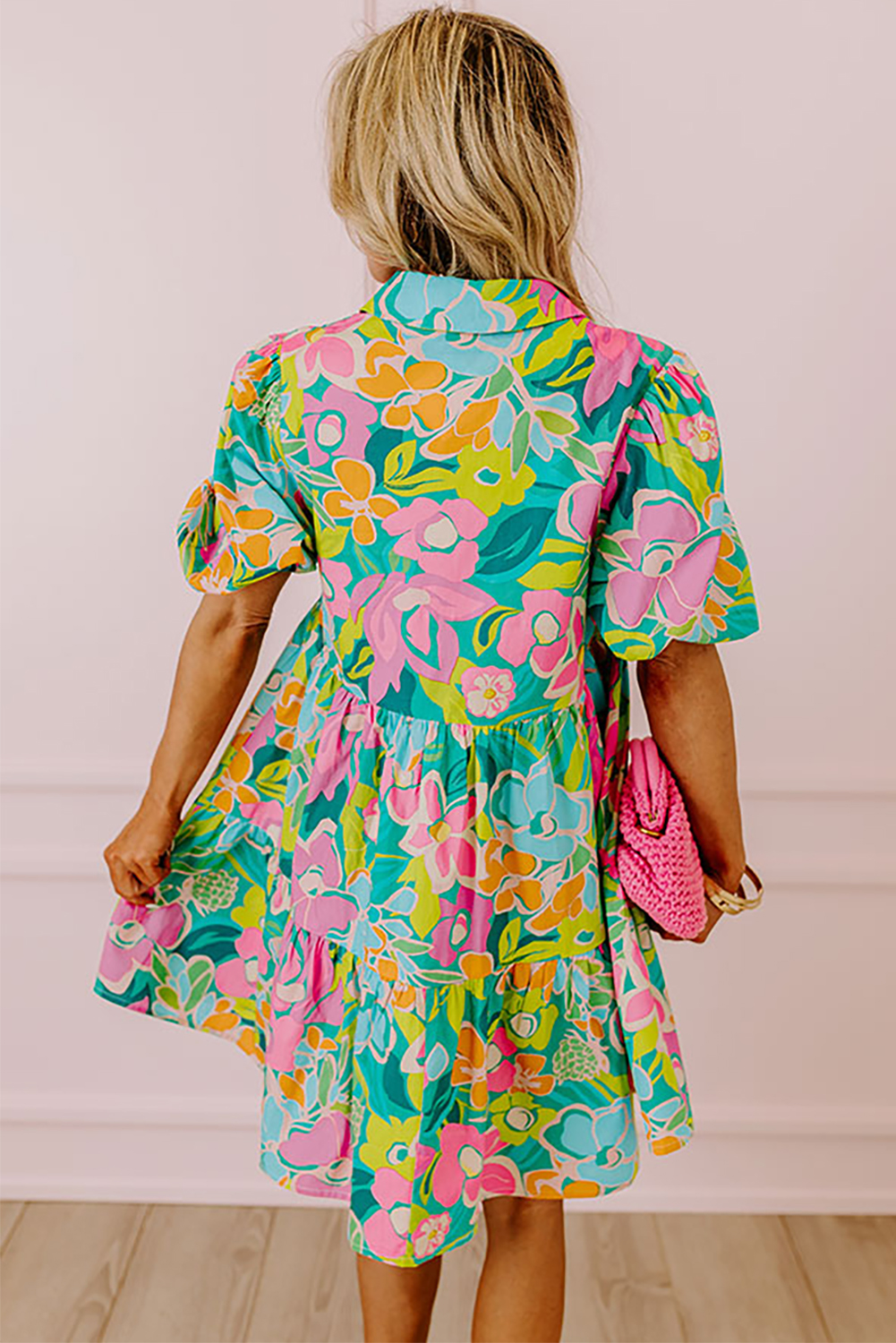 Elegant Collared A-Line Dress: Green Floral Print, Button Detail - Detail View 3 Elegant Collared A-Line Dress: Green Floral Print, Button Detail - Detail View 3