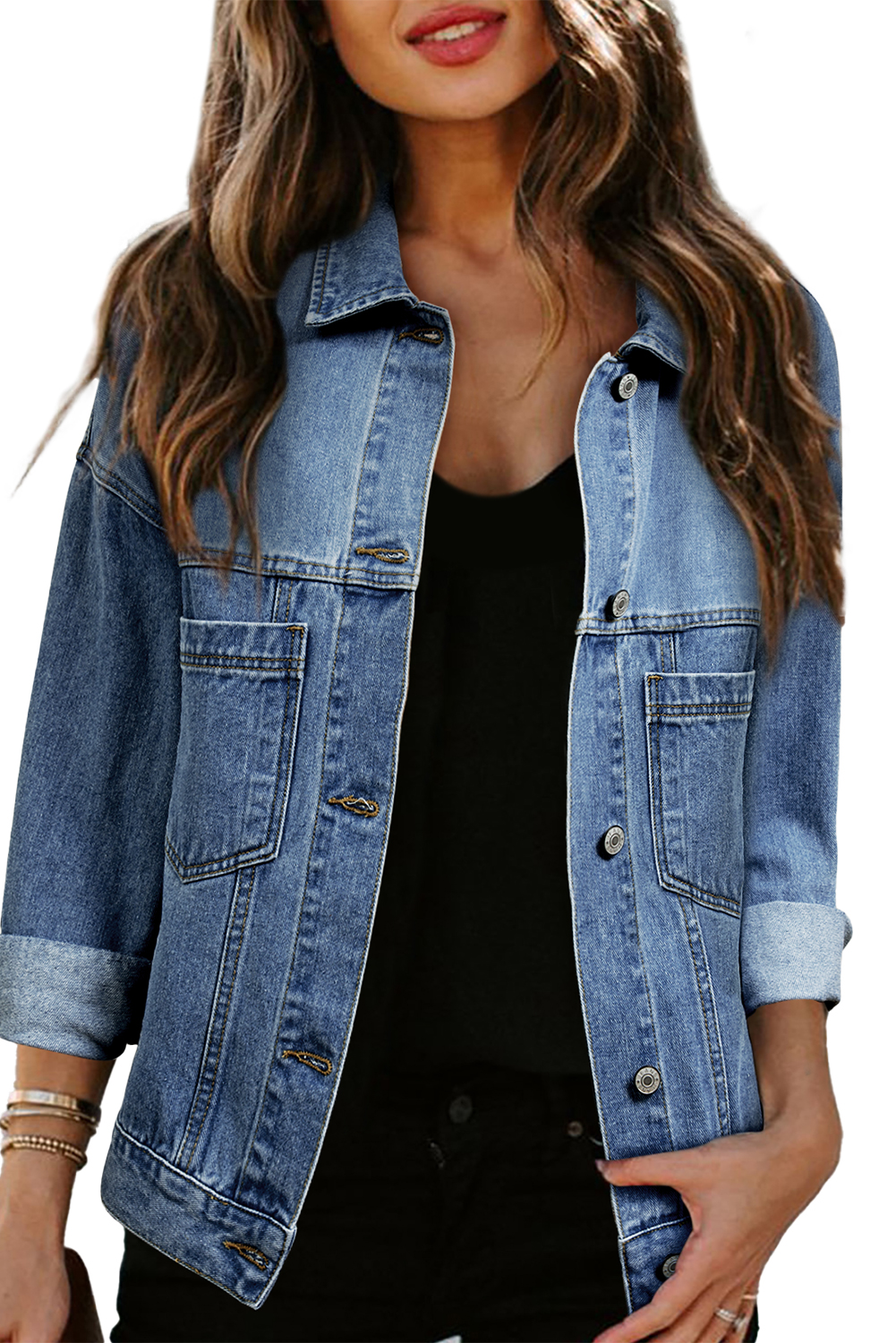 Versatile Button-Up Denim Jacket with Turn-Down Collar - Light Blue - Detail View 8 Versatile Button-Up Denim Jacket with Turn-Down Collar - Light Blue - Detail View 8