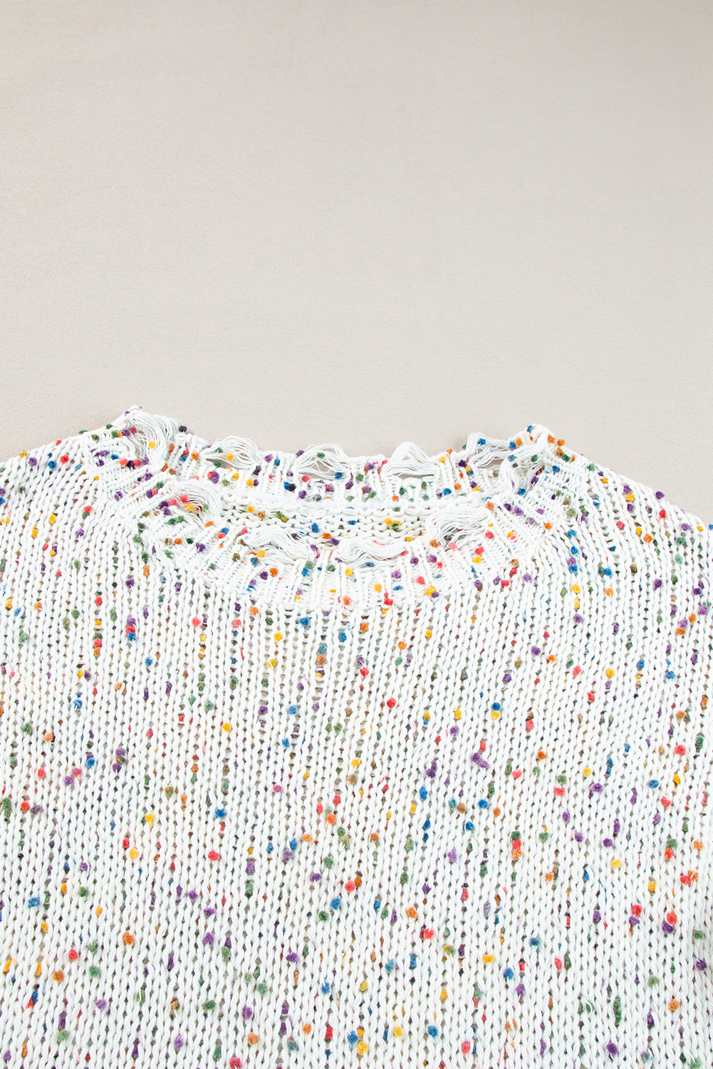 Stylish Long Sleeve Sweater: White with Colorful Confetti Knit - Detail View 7 Stylish Long Sleeve Sweater: White with Colorful Confetti Knit - Detail View 7