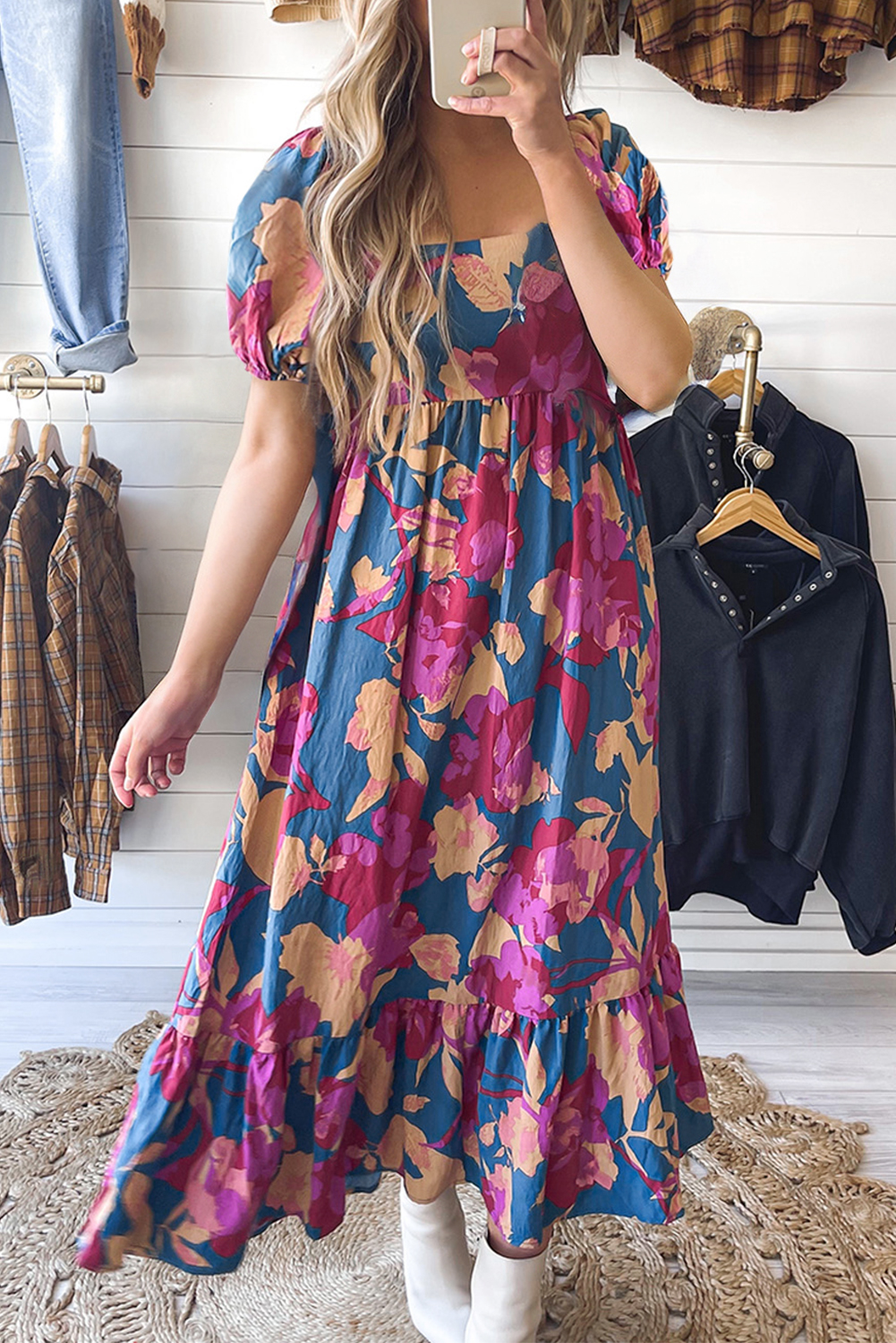 Boho Floral Puff Sleeve Dress, Flowy High Waist Long Gown - Detail View 8 Boho Floral Puff Sleeve Dress, Flowy High Waist Long Gown - Detail View 8