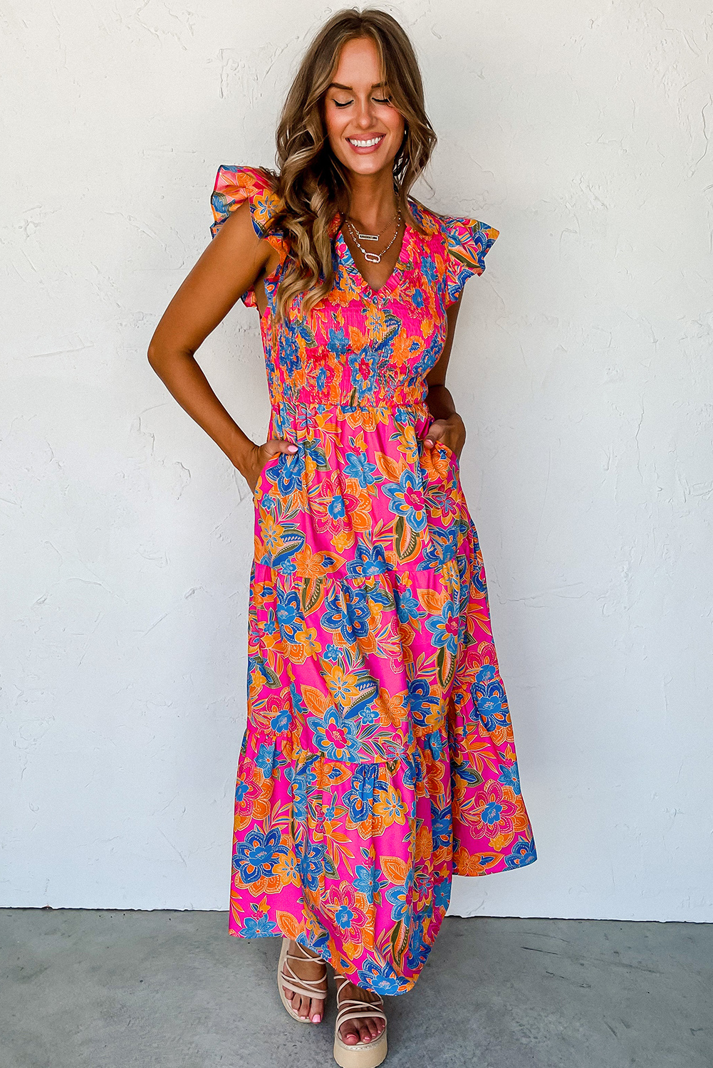 Casual Floral Tiered Dress, Smocked V Neck Maxi With Pockets - Detail View 6 Casual Floral Tiered Dress, Smocked V Neck Maxi With Pockets - Detail View 6