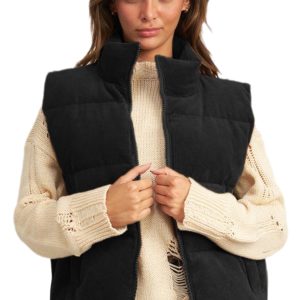 Women's Black Corduroy Stand Neck Zipped Puffer Vest - Main View