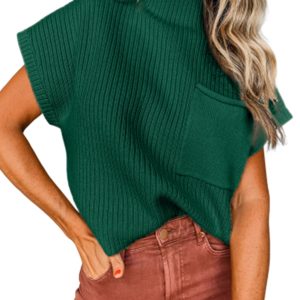 Women's Ribbed Knit Sweater, Casual Short Sleeve High Neck - Main View