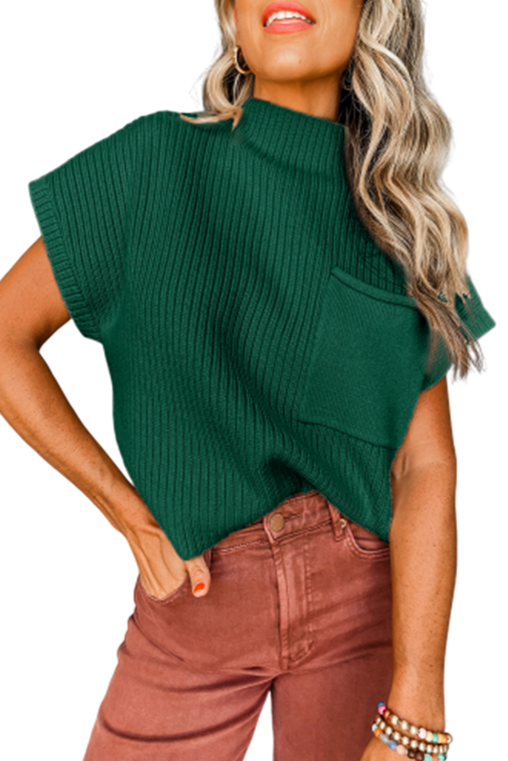 Women's Ribbed Knit Sweater, Casual Short Sleeve High Neck - Main View Women's Ribbed Knit Sweater, Casual Short Sleeve High Neck - Main View