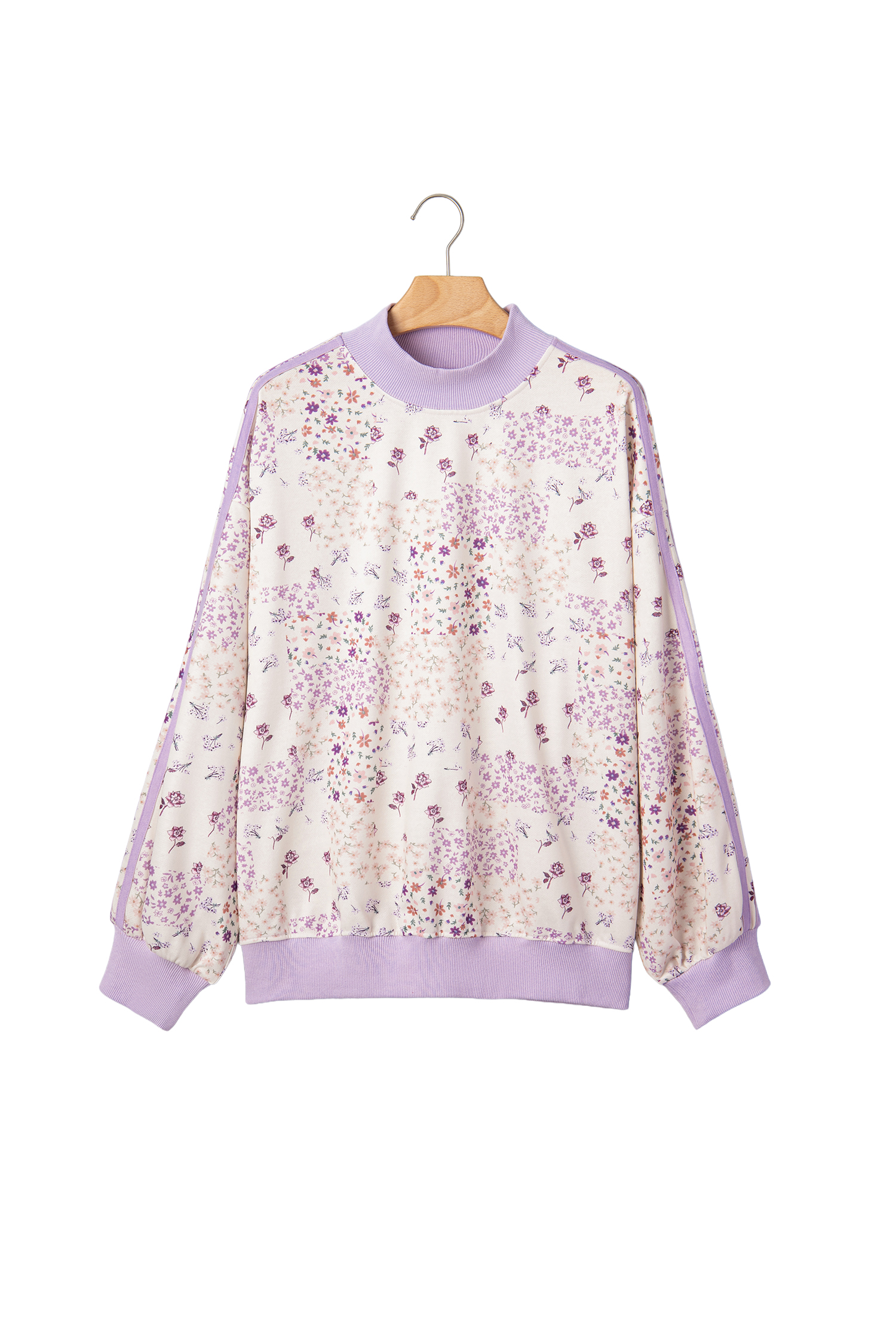 Purple Floral Print Panel Sweatshirt, Trendy Women Pullover - Detail View 5 Purple Floral Print Panel Sweatshirt, Trendy Women Pullover - Detail View 5