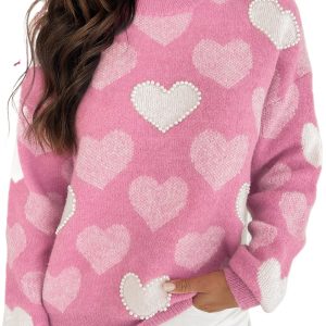 Women's Cozy Pink Pearled Heart Print Crew Neck Sweater for Valentine's Day - Main View