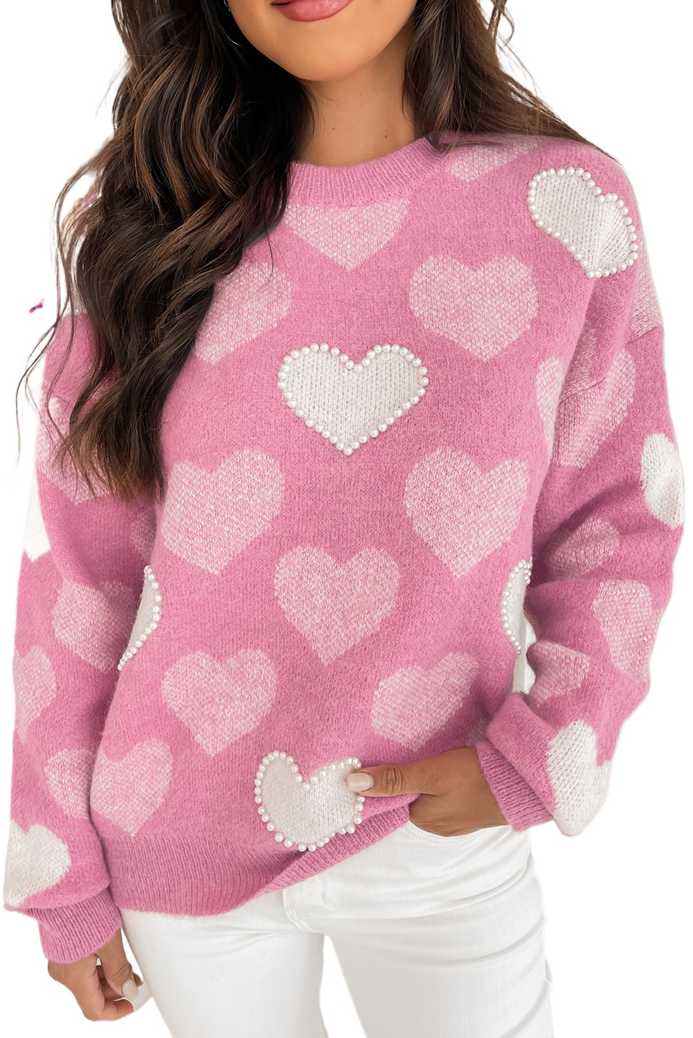 Women's Cozy Pink Pearled Heart Print Crew Neck Sweater for Valentine's Day - Main View Women's Cozy Pink Pearled Heart Print Crew Neck Sweater for Valentine's Day - Main View