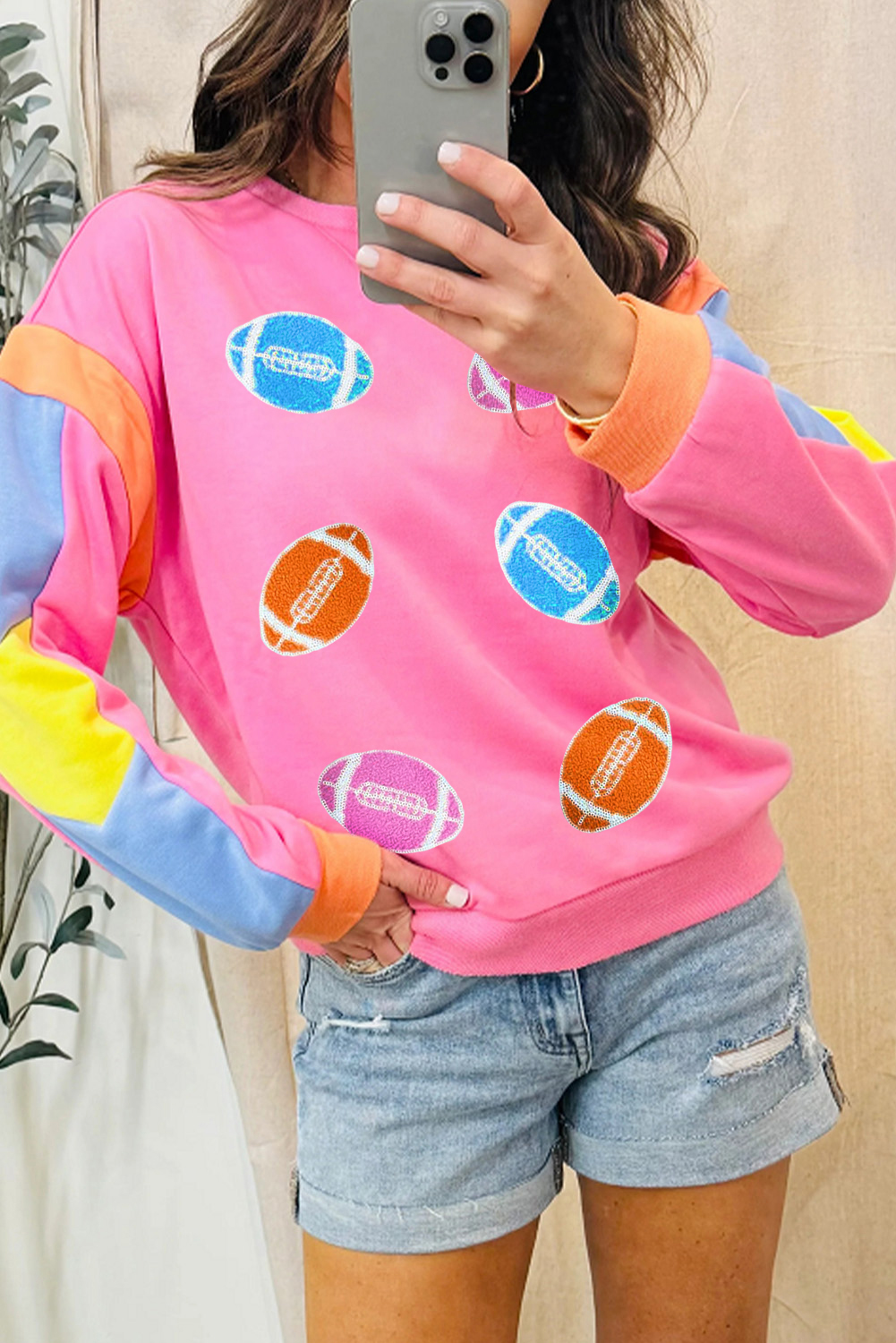 Pink Colorblock Rugby Football Graphic Long Sleeve Tee - Perfect for Game Day - Detail View 2 Pink Colorblock Rugby Football Graphic Long Sleeve Tee - Perfect for Game Day - Detail View 2