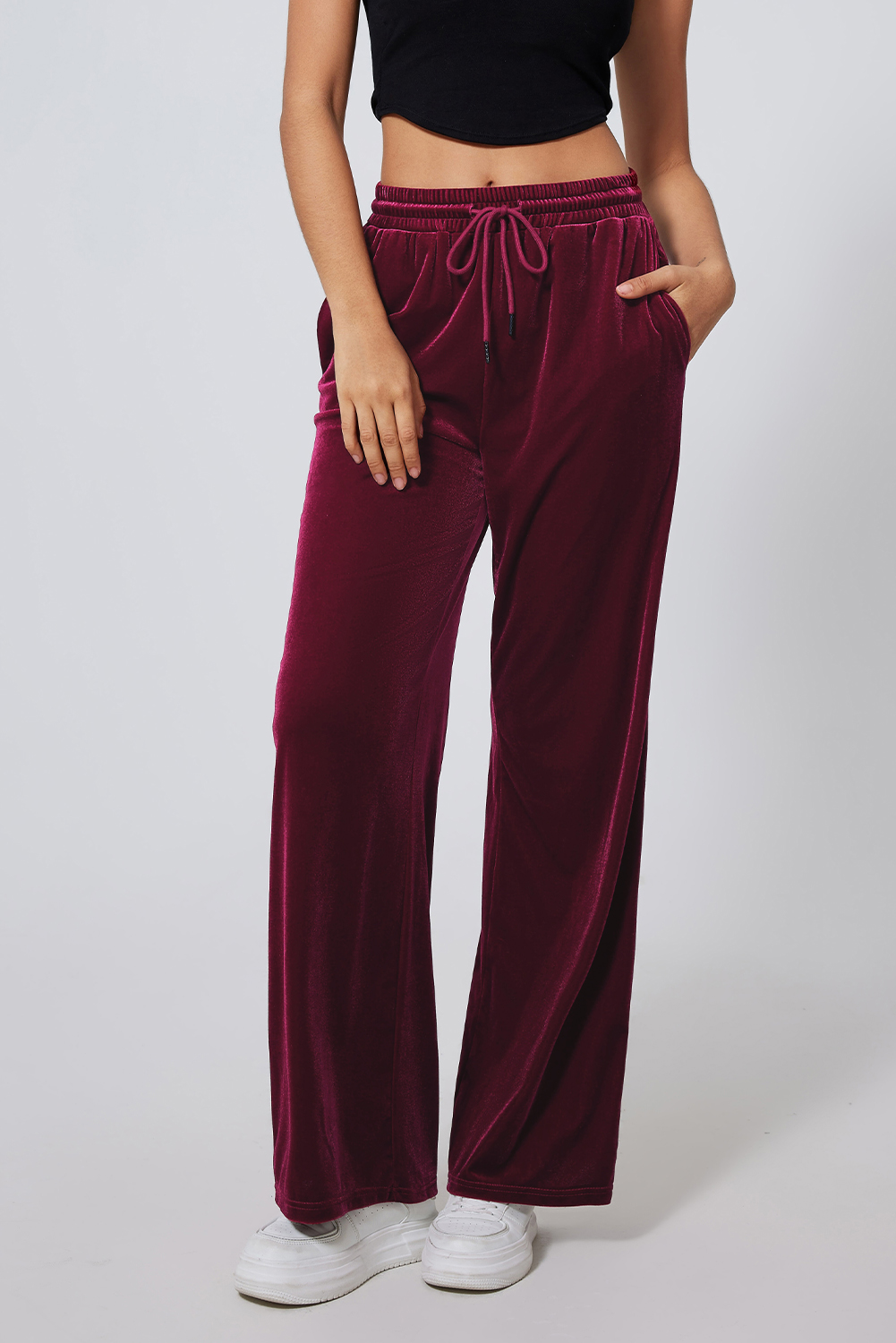 Versatile and Chic Women's Velvet Wide Leg Pants - Burgundy - Detail View 3 Versatile and Chic Women's Velvet Wide Leg Pants - Burgundy - Detail View 3