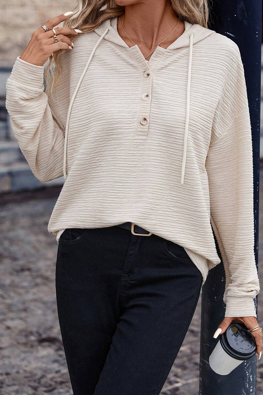 Women's Apricot Henley Hoodie, Textured Long Sleeve Pullover - Detail View 7 Women's Apricot Henley Hoodie, Textured Long Sleeve Pullover - Detail View 7