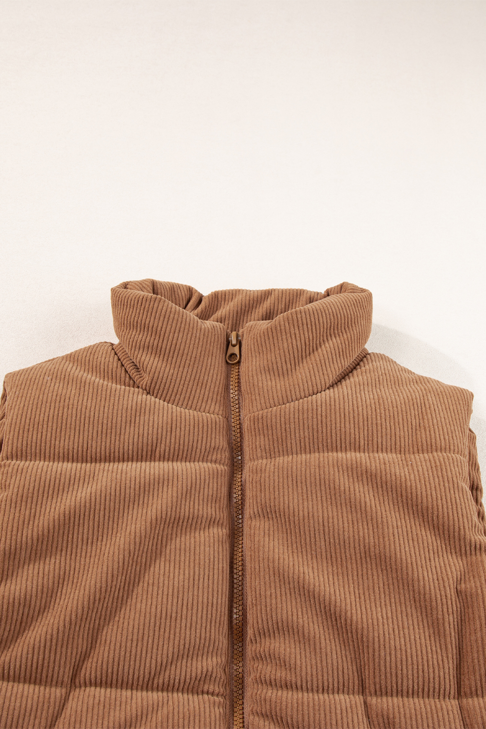 Women's Coffee Corduroy Stand Neck Zip Puffer Vest - Detail View 11 Women's Coffee Corduroy Stand Neck Zip Puffer Vest - Detail View 11