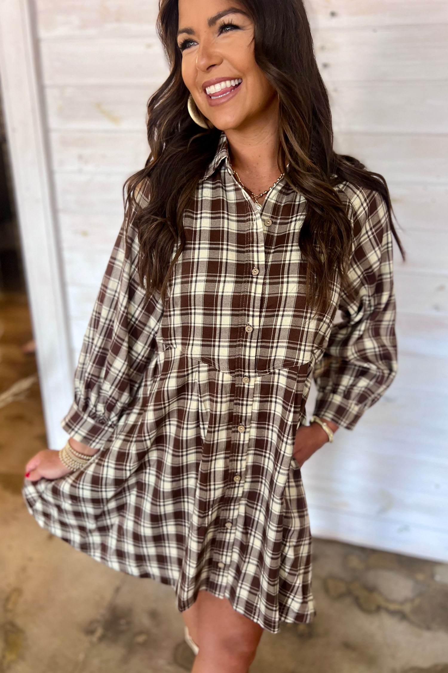 Women's Vintage Plaid Dress, Preppy Brown Autumn Shift - Detail View 5 Women's Vintage Plaid Dress, Preppy Brown Autumn Shift - Detail View 5