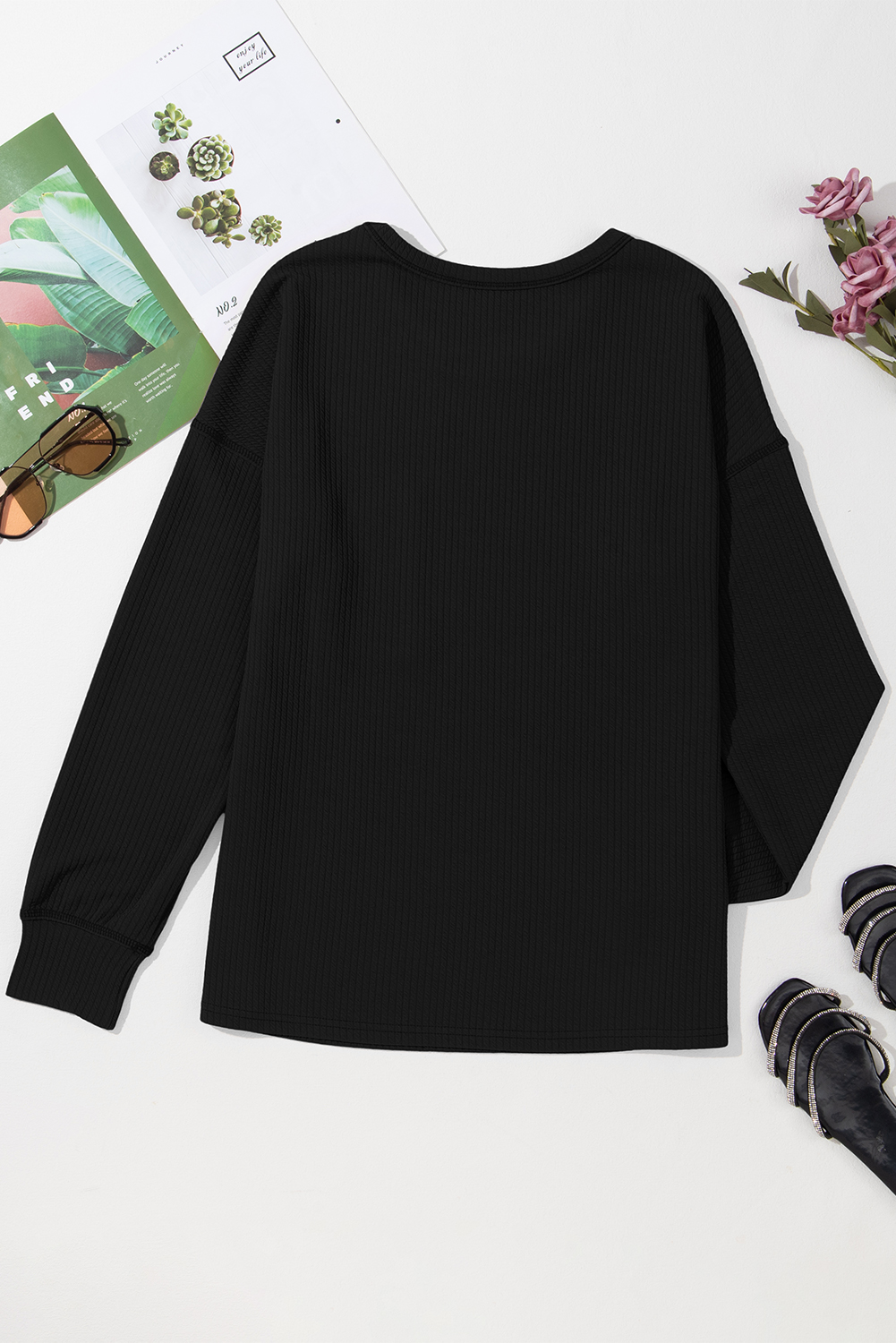 Women's Black Corded Drop Shoulder Long Sleeve Top - Detail View 6 Women's Black Corded Drop Shoulder Long Sleeve Top - Detail View 6