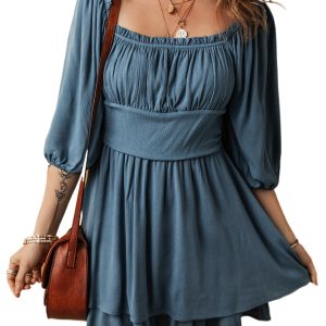 Women's Real Teal Frilled Neckline 3/4 Sleeve Layered Ruched Mini Dress - Main View