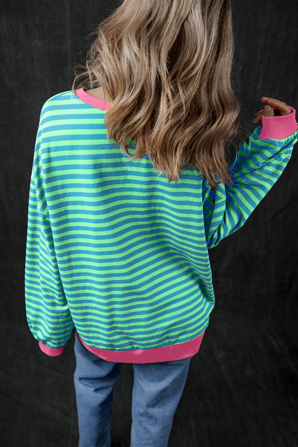 Casual Long Sleeve Sweatshirt: Sky Blue Stripe with Contrast Trim - Detail View 2 Casual Long Sleeve Sweatshirt: Sky Blue Stripe with Contrast Trim - Detail View 2