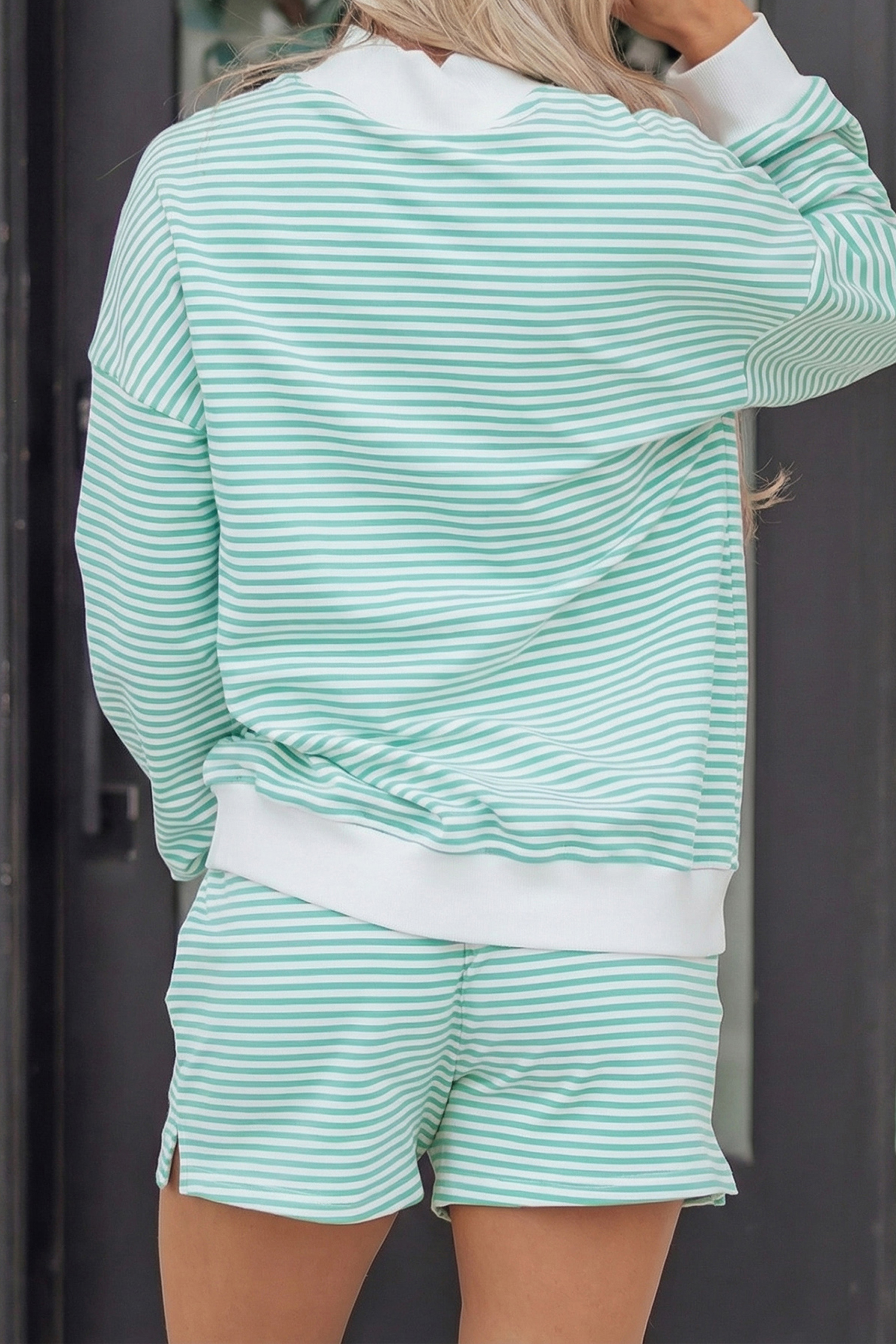 Green Striped Duck Pattern Set, Women's Long Sleeve Lounge - Detail View 3 Green Striped Duck Pattern Set, Women's Long Sleeve Lounge - Detail View 3