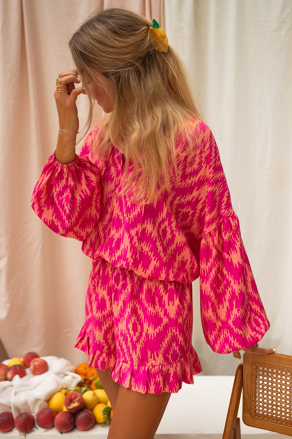 Chic Pink Bohemian Two-Piece Set: Ruffled Top with Bubble Sleeves and Matching Shorts - Detail View 6 Chic Pink Bohemian Two-Piece Set: Ruffled Top with Bubble Sleeves and Matching Shorts - Detail View 6